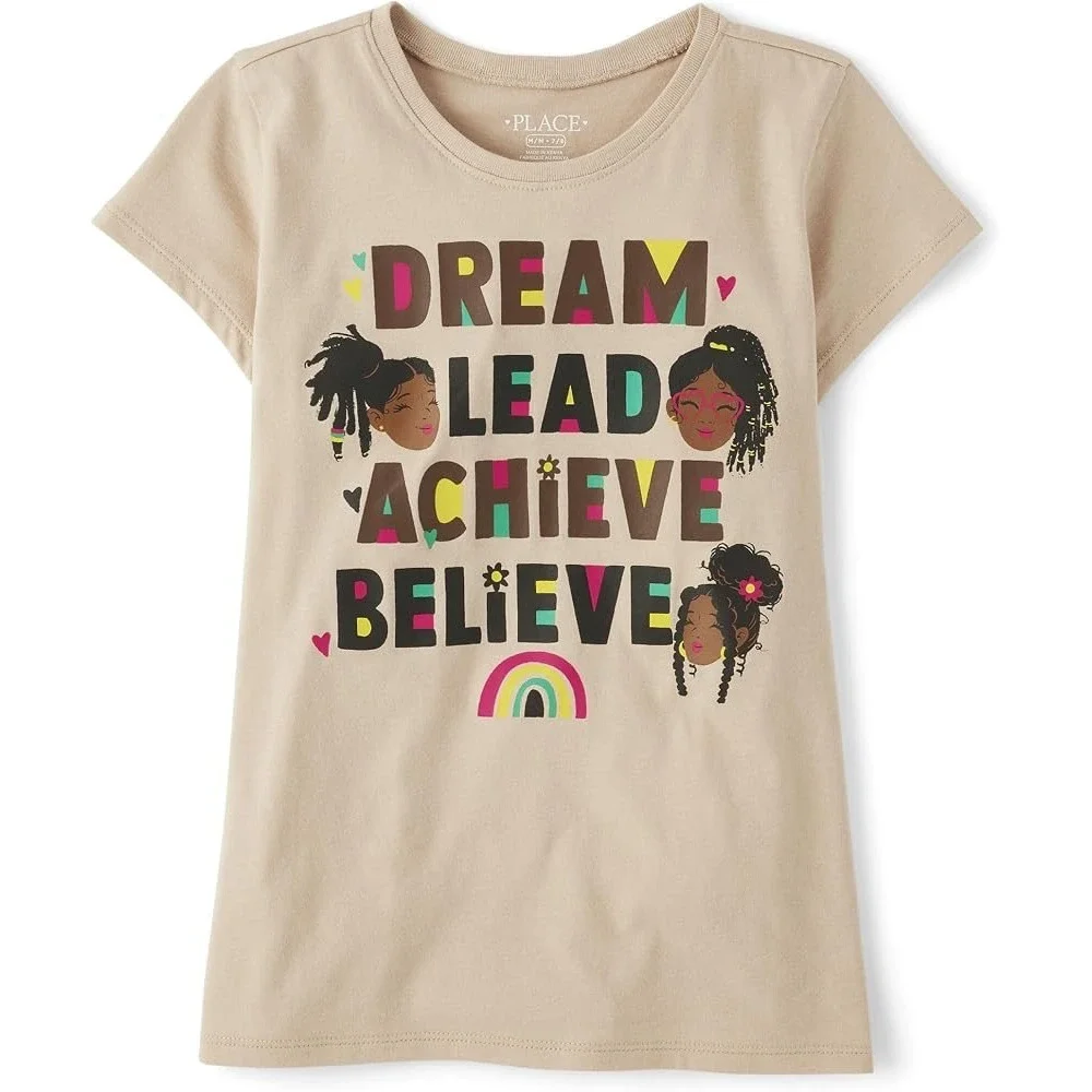 (A4) The Childrens Place Girls XL 14 Dream Lead Achieve Believe Graphic Tee Tan